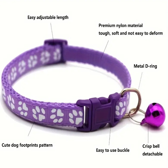 NEW! Adjustable Break Away Cat & Small Dog Paw Prints Collars with Bell! - Picture 6 of 8